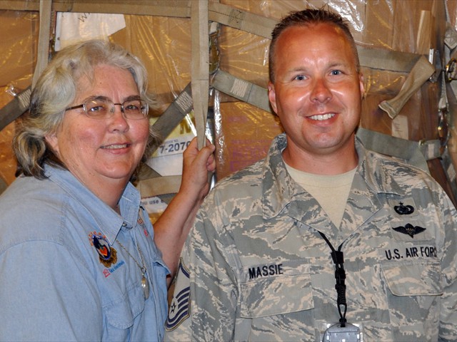 Kathy Price and Kevin Massie checking the humanitarian AID to be delivered on a C17 Denton Cargo Plane for the people of Honduras.