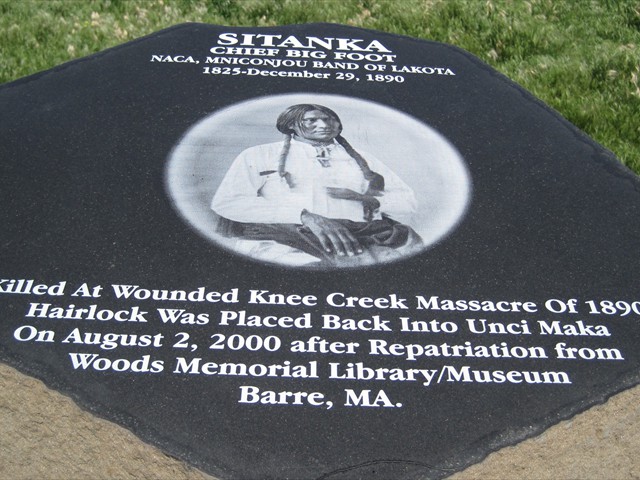 A Headstone in honor of Sitanka, Chief Big Foot was placed on the John Little Finger Family Land in Oglala, South Dakota by our Mission of LOVE Volunteers. This headstone was made by a Mission of LOVE Volunteer from California and Tom Wilson delivered it from California by truck. This monument is in respect and honor of Chief Big Foot who was holding a white flag of PEACE at the 1890 Massacre of Wounded Knee when he died.
