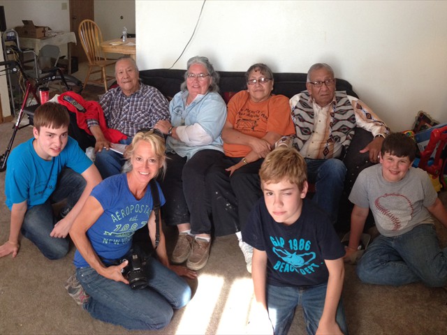Mission of LOVE Volunteers visiting with Leonard Little Finger, Linda Bull Bear and Richard Broken Nose in Oglala, S.D. while building a Lakota home for the Camp Family @ Kiza Park.